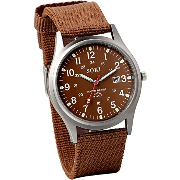 JewelryWe Militäruhr Herren, Analog Quarz Armbanduhr mit 12/24H Datum Kalender, Braun Nylonarmband und Leuchtzeiger, 10m wasserdicht – Bild 1