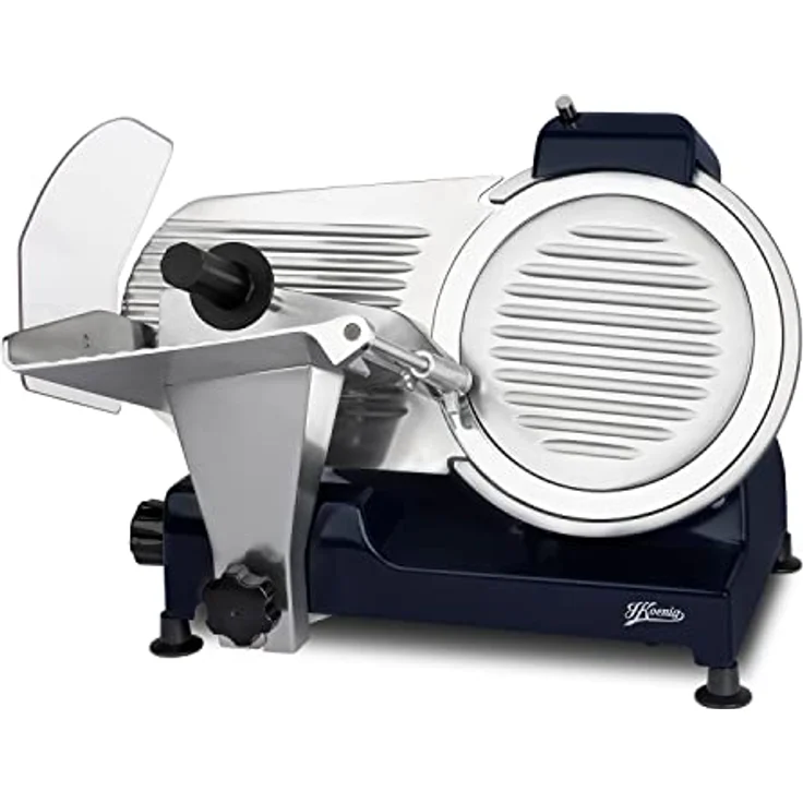 H.Koenig Elektrischer Allesschneider für Schinken, Fleisch, Wurst, Brot, MSX256, Schnittstärke 0–12 mm, italienische Klinge 25 cm, integrierter Messerschärfer, große Platte, 282 U/min, blau, Nachtblau – Bild 2