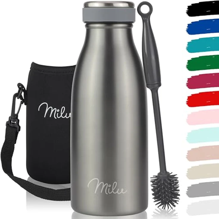 Milu Edelstahl Trinkflasche 350ml – Auslaufsichere Thermosflasche für Kinder und Erwachsene, ideal für kohlensäurehaltige Getränke, Grau – Bild 1