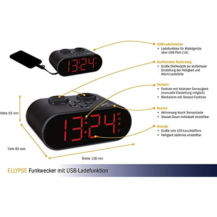 TFA Dostmann Ellypse Digitaler Funk-Wecker mit USB-Ladefunktion, LED-Leuchtziffern, schwarz, L 136 x B 85 x H 55 mm – Bild 2