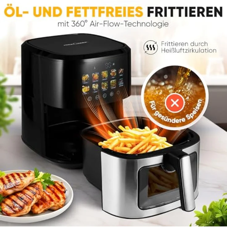 ProfiCook® Heißluftfritteuse 6,5L | Airfryer mit Color-Display | 9 Programme | 50-200°C | 1700W | XXL | PC FR 1286 H, silber – Bild 3