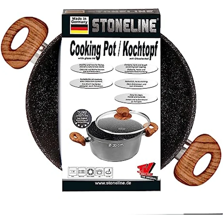 STONELINE Back to Nature Kochtopf 20 cm, mit Glasdeckel, Made in Germany, fettfreies Braten, echte Steinpartikel, Induktion, Grau – Bild 4