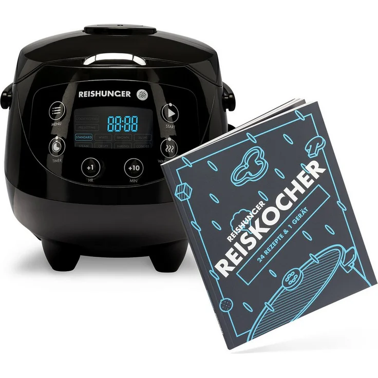 Reishunger Digitaler Mini Reiskocher Bundle, 350 W, 0,6 L, Dämpfeinsatz, Timer- und Warmhaltefunktion, 7-Phasen-Kochtechnologie