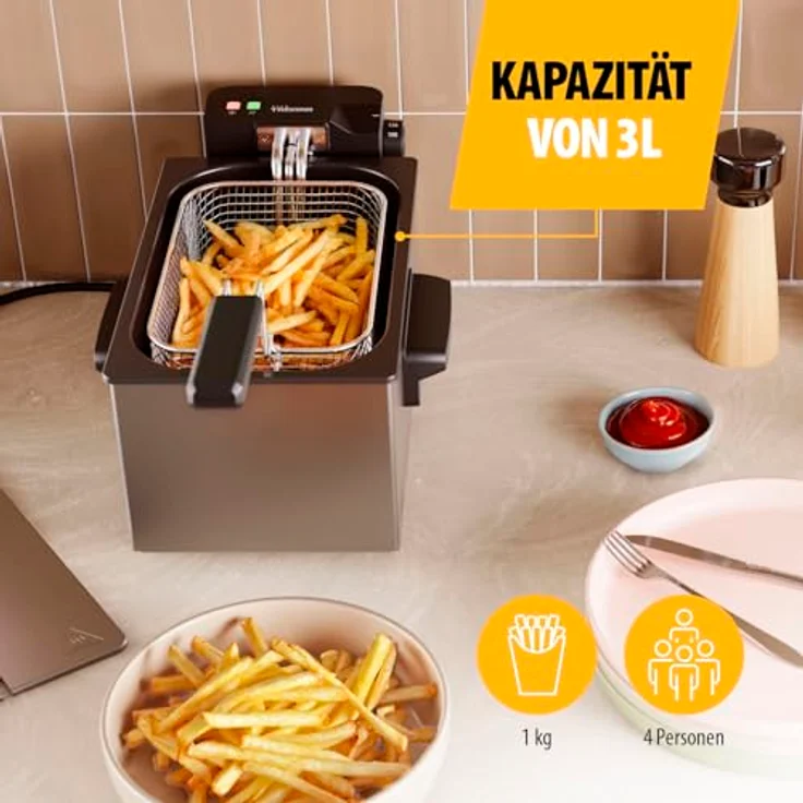 Tristar Edelstahl-Fritteuse FR-9326, 3L Kapazität, Temperaturregelung bis 190°C, Kaltzone, Cool-Touch-Gehäuse, spülmaschinengeeignete Teile, einfach zu reinigen – Bild 3