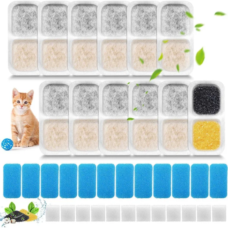 Oneisall Katzenbrunnen Filter Ersatzset für PWF-001 2L, 12x Filter, 12x Vorgefilterte Schwämme, 12x Pumpenschwämme, 4-Schicht-Filtersystem