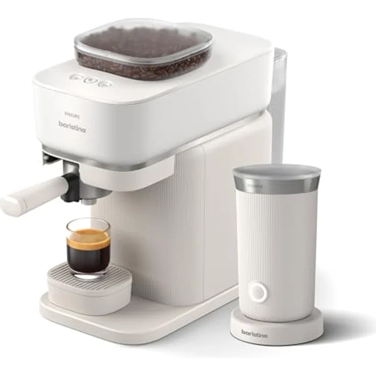 PHILIPS Baristina Espressomaschine und Milchaufschäumer Paket. Real Espresso- made simple. Naturweiß mit naturweißem Siebträger- 16-bar-Pumpendruck- automatisches Mahlwerk- Cafe Crema (BAR303/00) – Bild 2