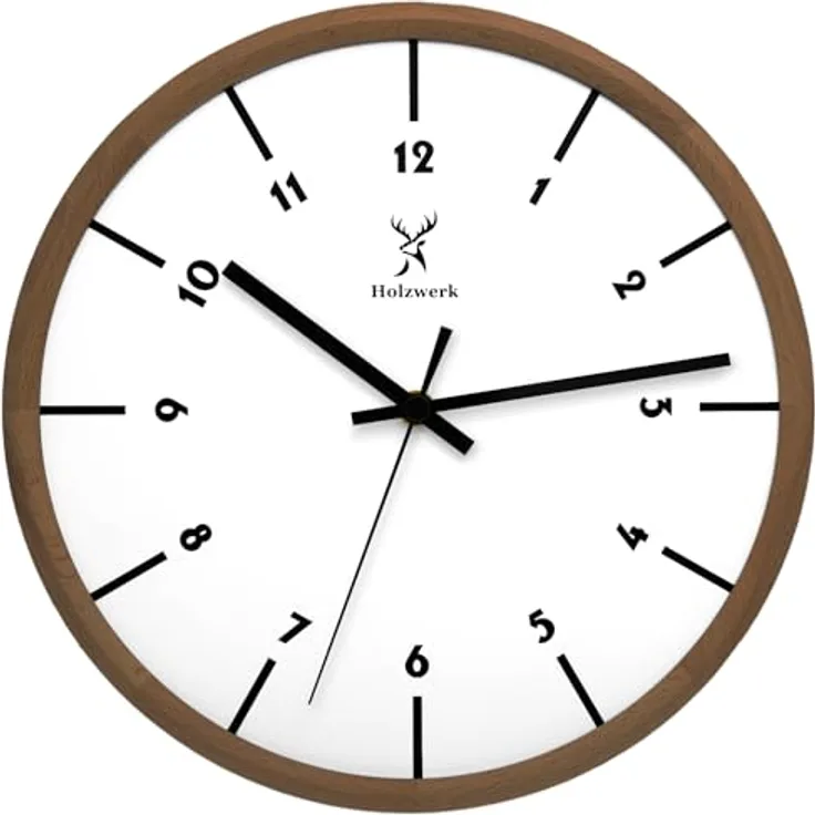Holzwerk Germany Holz Wanduhr Vintage, lautloses Uhrwerk, skandinavisches Design, handgefertigtes Massivholz, Durchmesser 32 cm, Braun Weiß