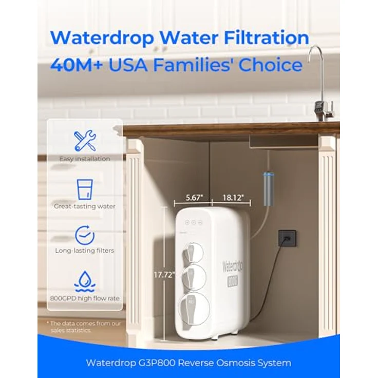 Waterdrop G3P800, Umkehrosmoseanlage mit 800 GPD, 9-stufiger Filterung, tanklos, LED-intelligenter Wasserhahn, TDS-Reduktion – Bild 2