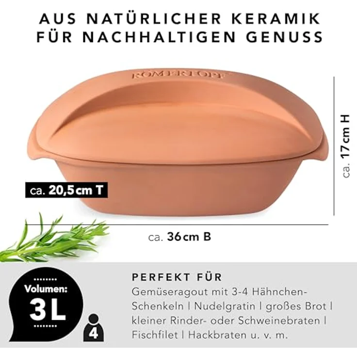 RÖMERTOPF CULINARIO Bräter, 3 Liter, antihaft Keramik, Terrakotta, für Braten und Schmoren – Bild 6