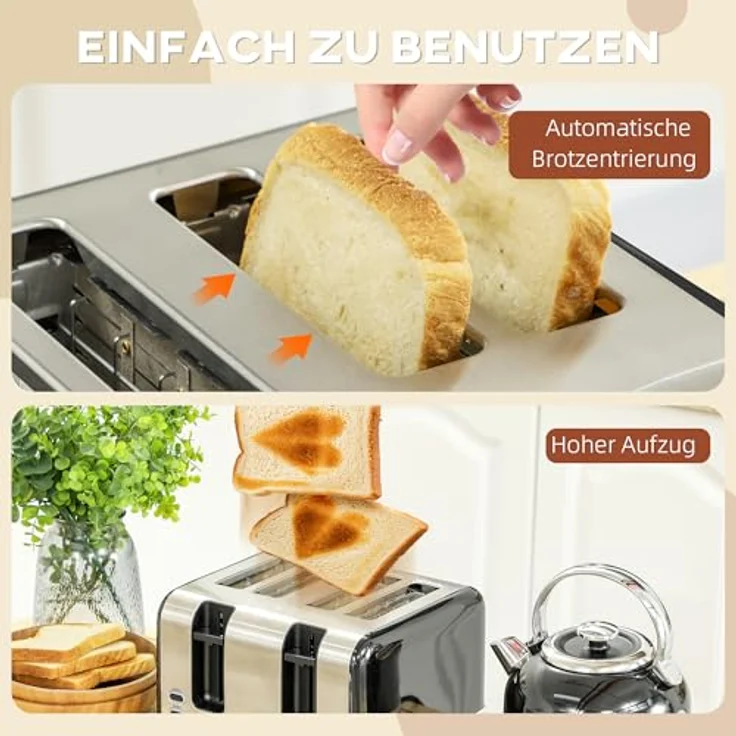 HOMCOM Toaster-Set mit Wasserkocher, 2200 W, 1.7 L, 7 Bräunungsstufen, Strix-Thermostat, Schwarz mit Edelstahlakzenten – Bild 8