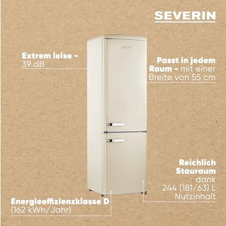 SEVERIN Retro Kühl- & Gefrierkombination RKG 8919, creme, LED-Beleuchtung, 244 L Nettovolumen, nur 39 dB – Bild 4