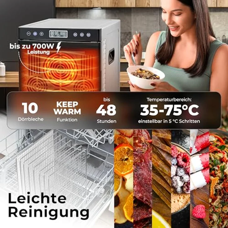 Balter Dörrautomat DA-109, Edelstahl Dörrgerät mit 10 Fächern, 700W, 8400 cm² Dörrfläche, 35°- 75 °C, Timer bis 48 Std, Warmhaltefunktion, inkl. Rezeptbuch – Bild 5