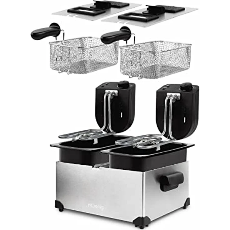 H.Koenig DFX600 Fritteuse aus Edelstahl, 3600 Watt, 2 unabhängige Thermostate je 3L, Doppelbecken, herausnehmbare spülmaschinenfeste Körbe, silber – Bild 6