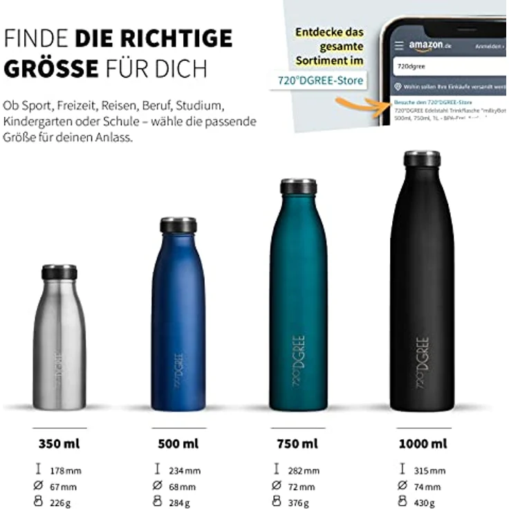 Trinkflasche Doppelwandig Edelstahl 500ml Isolierflasche 720°DGREE milkyBottle onyx black – Bild 3