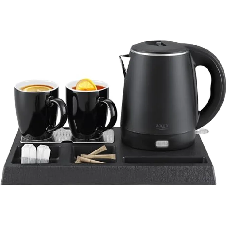 ADLER Wasserkocher Set mit Tablett & 2 Tassen, 1L Edelstahl, Cool-Touch Gehäuse, automatische Abschaltung, schwarz