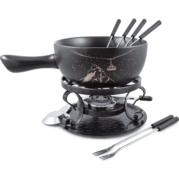 SWISSMAR Fondue Gruyére, 2,65 l Käsefondue-Set aus Keramik und Schmiedeeisen, 9-teilig inkl. 6 Fonduegabeln