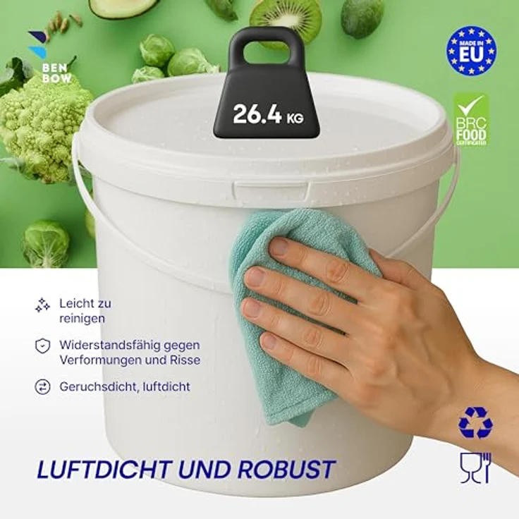 BenBow 10l Eimer mit Deckel, lebensmittelecht, luftdicht, auslaufsicher, geruchsneutral, weiß, mit Henkel, 10er Pack – Bild 5