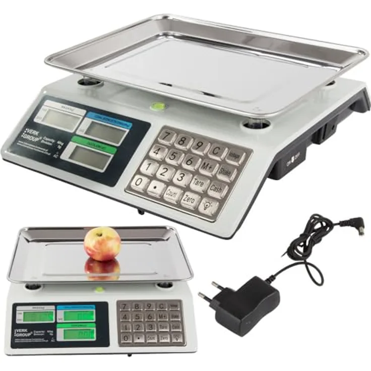 emeco Obstwaage 40kg, digitale Ladenwaage mit Edelstahl-Schale, hintergrundbeleuchtetem LCD-Display, ECO-Funktion, weiß