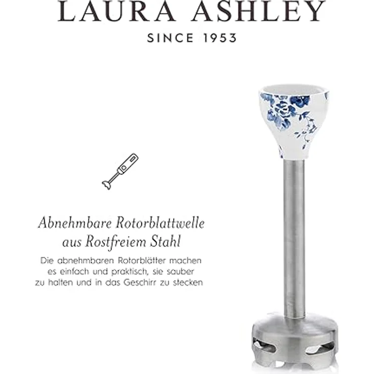 VQ Laura Ashley 4-in-1 Stabmixer, 600W Edelstahl, handbemalte China Rose Oberfläche, variable Geschwindigkeit, mit Zubehörset – Bild 7