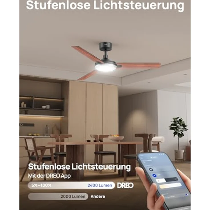 DREO Smarter Deckenventilator mit Licht, 132 cm, 12 Geschwindigkeiten, drei Modi, dimmbare LED, App- & Alexa-Steuerung, schwarz – Bild 3