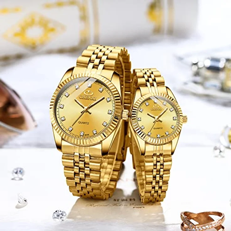 JewelryWe Damenuhr Quarz Analog, Edelstahl Armband mit beleuchtenden Zeigern und Strass, 3ATM wasserdicht, gold – Bild 5