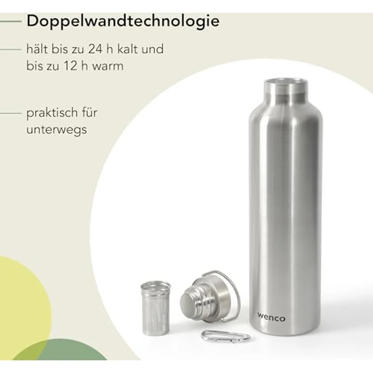 wenco Edelstahl Trinkflasche 1l, isoliert und auslaufsicher für kalte und heiße Getränke, mit Teesieb, BPA-frei, silber – Bild 4