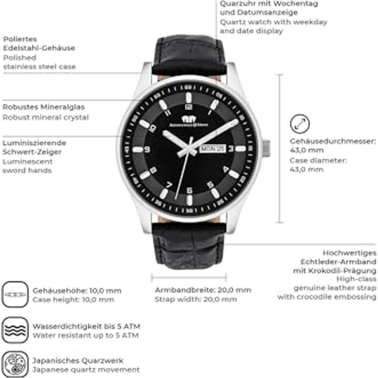 Rhodenwald & Söhne Couragian Herrenuhr Quarzuhr Edelstahl Silber/schwarz 5 ATM Präzisions-Quarzwerk Echtlederarmband schwarz – Bild 2