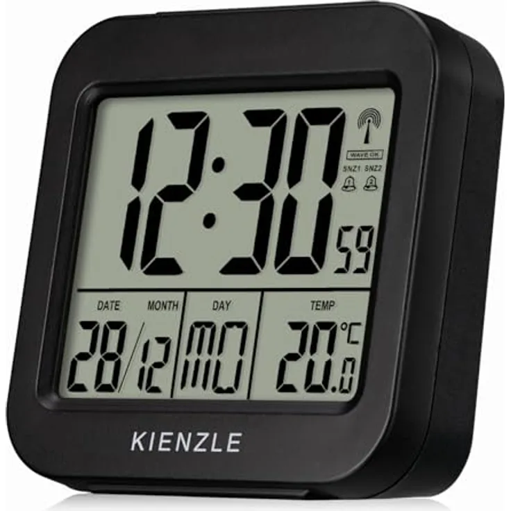 Kienzle Funkwecker Reisewecker mit Temperaturanzeige, zwei Weckzeiten, Schlummerfunktion, LED-Hintergrundbeleuchtung, kompakt, schwarz