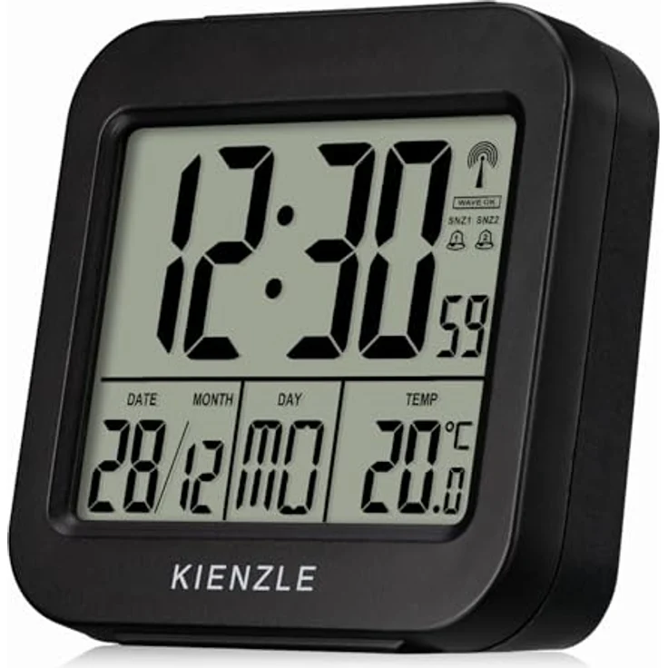 Kienzle Funkwecker Reisewecker mit Temperaturanzeige, zwei Weckzeiten, Schlummerfunktion, LED-Hintergrundbeleuchtung, kompakt, schwarz – Bild 1