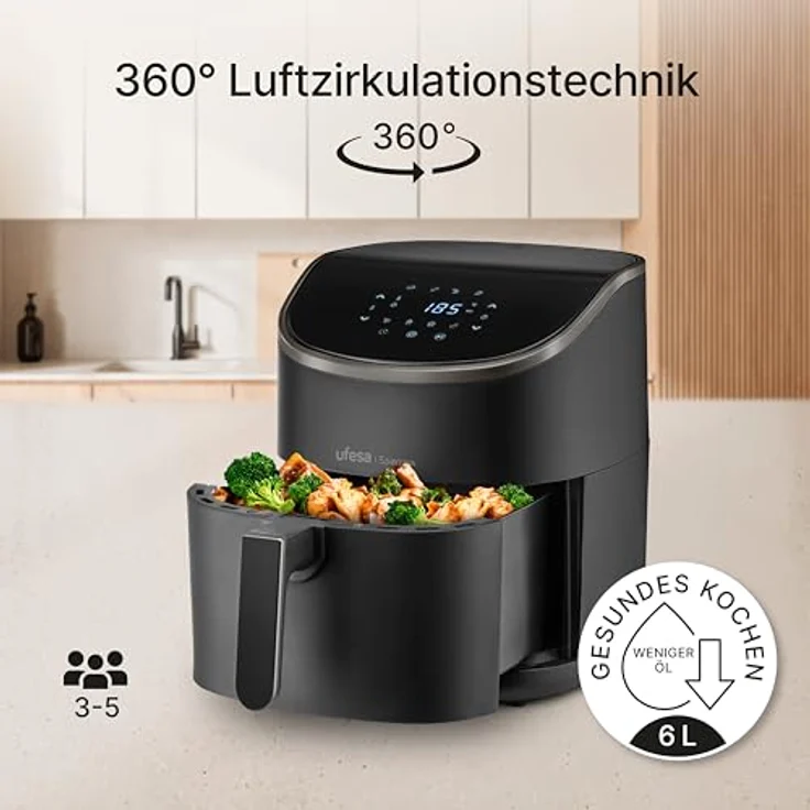 Ufesa Heißluftfritteuse SPARROW, 6 L, schwarz, EU-Stecker, steckbar – Bild 3
