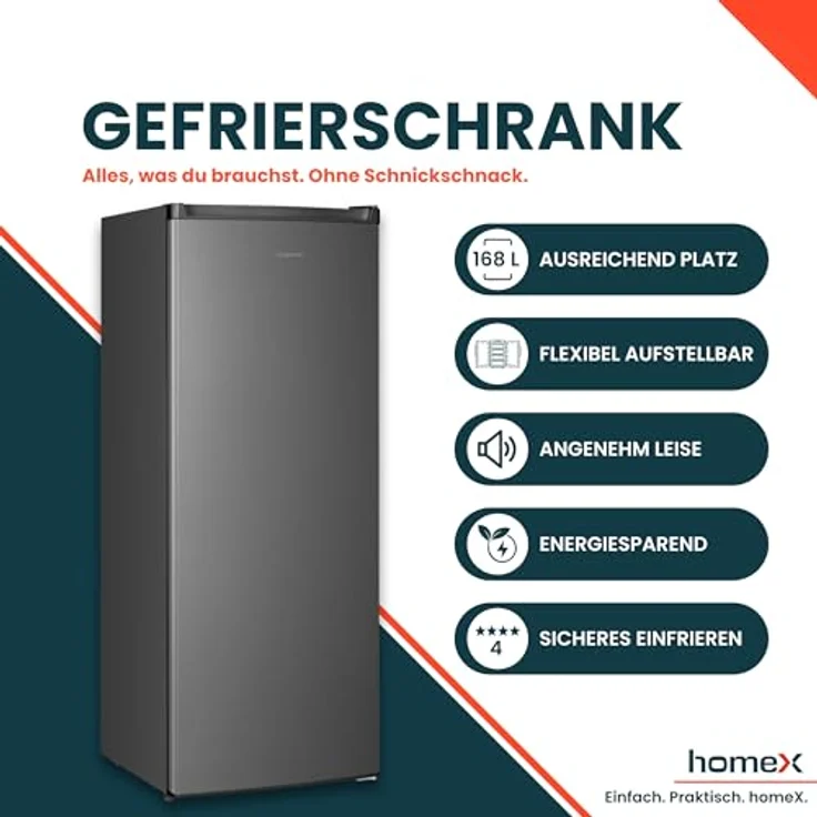 homeX FS1681E-S Gefrierschrank, 168L Nutzinhalt, 4-Sterne Gefrierleistung, freistehend, leise, silber – Bild 2