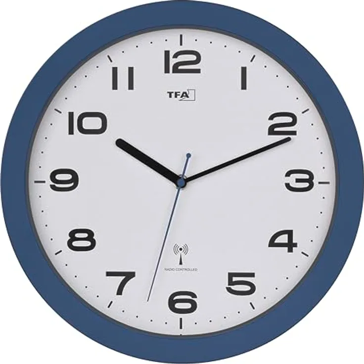 TFA Dostmann Funk-Wanduhr 60.3554, Moderne analoge Funkuhr mit Sweep Uhrwerk, 32cm Durchmesser, blauer Rahmen