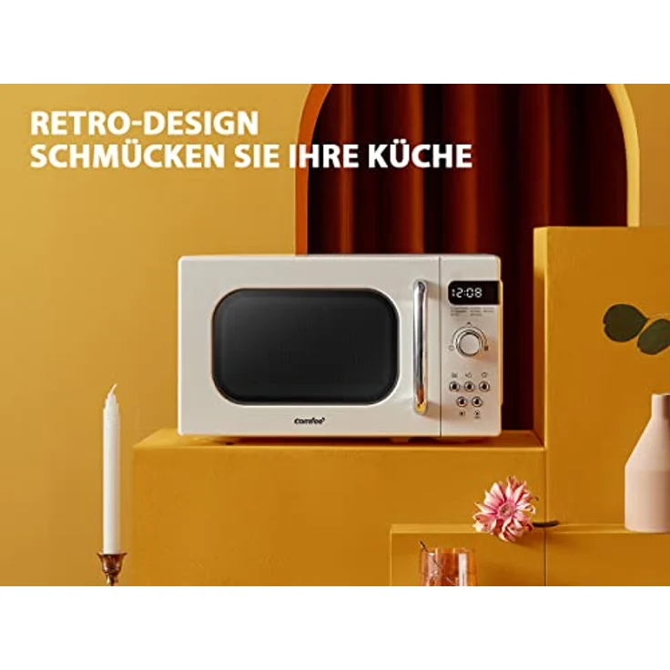 Comfee CMSRO 20 di cr Mikrowelle im Retro-Stil / Retro-Mikrowellenherd mit 8 Auto-Menüs, 5 Kochleistungsstufen, Express-Kochtaste,Express-Kochtaste, 20L, 800W, Apricot Cream – Bild 2
