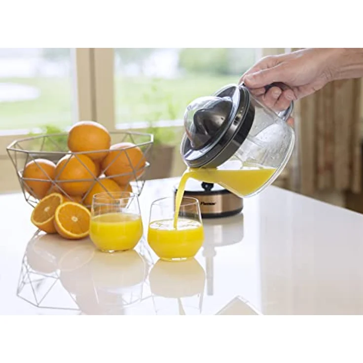 Bestron elektrische Zitrus- & Orangenpresse, inkl. 2 Presskegel und Aromadeckel, Motor mit zwei Drehrichtungen (links/rechts), Füllmenge: 0.7 Liter, 40 Watt, Farbe: Kupfer – Bild 2