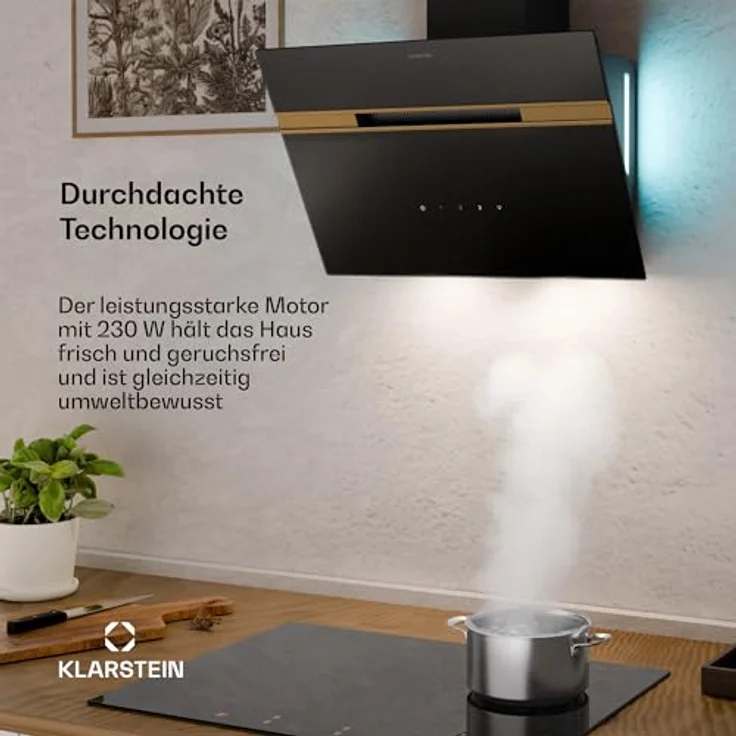 Klarstein Alina Dunstabzugshaube, EEK A, 600 m³/h, Touch LED-Beleuchtung, Schwarz/Metallic, Abluft/Umluft – Bild 3
