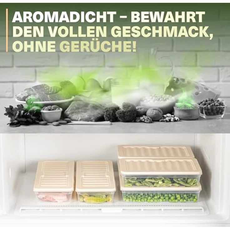 VIWARES Stapelbare Gefrierdosen 16er Set, Lebensmittel Organizer Beige, frostfest bis -25°C, wiederverwendbare Frischhaltedosen für Kühlschrank und Gefrierschrank – Bild 7