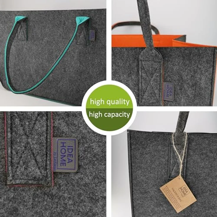 IDEA HOME Filztasche Shopper XXL, 30 Liter zusammenklappbare Einkaufstasche in Dunkelgrau/Schwarz, multifunktional für Einkäufe, Spielzeug und Kaminholz – Bild 4