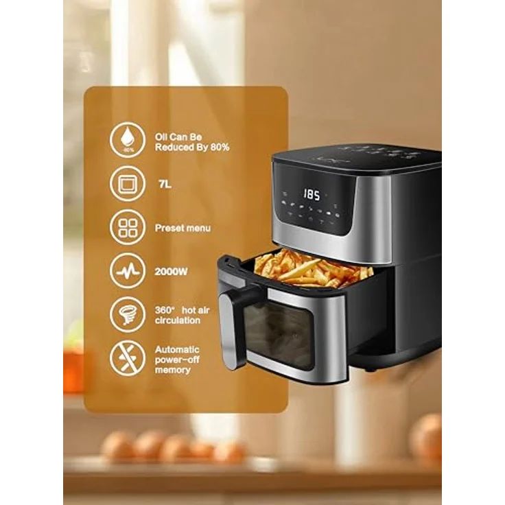 Retoo Heißluftfritteuse 5.5L 1500W 7 Programmen Friteuse Heissluft, max 200°C, Air Fryer bis zu 90% weniger Fett, Touchpad, Fritteuse ohne Öl, Diät und Digital, Edelstahl-Finish Schwarz – Bild 5