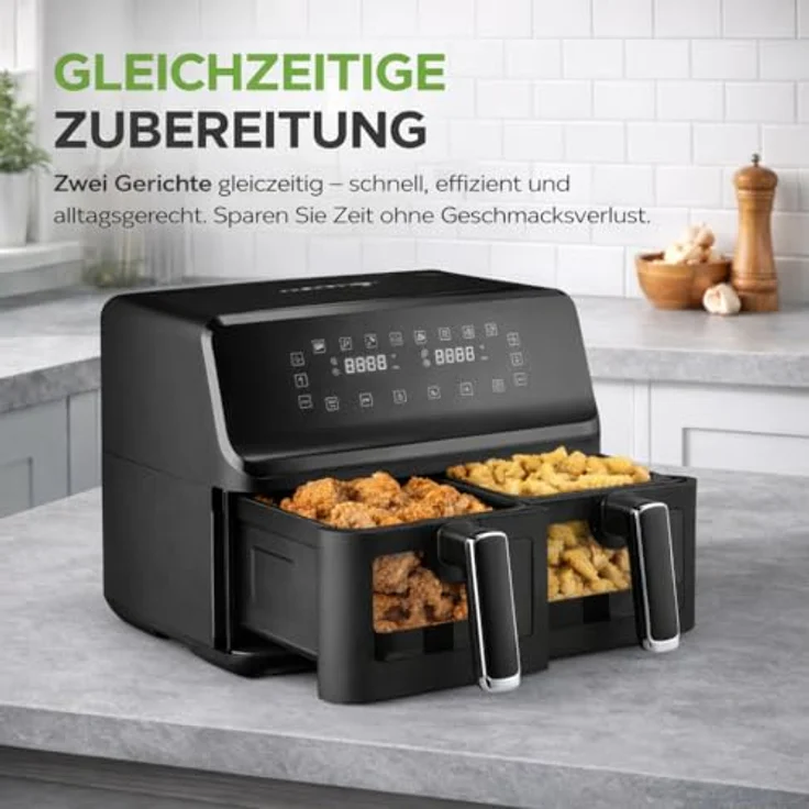 NutriChef Heißluftfritteuse Airfryer XL, 8L Doppel-Fritteuse mit 2 Körben, 9 Programmen, spülmaschinenfest, antihaftbeschichtet, bis 360 °C, schwarz – Bild 3