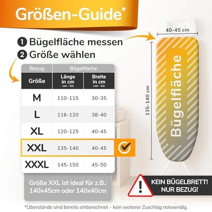 smart&gentle Super Soft Turbo-Bügelbrettbezug 140x40, Made in Germany, ÖKOTEX Baumwoll-Polsterung, Thermoreflexion, 5 Größen, XXL Fläche 135-140x40-45cm, inkl. EasyFit+Spanner – Bild 2