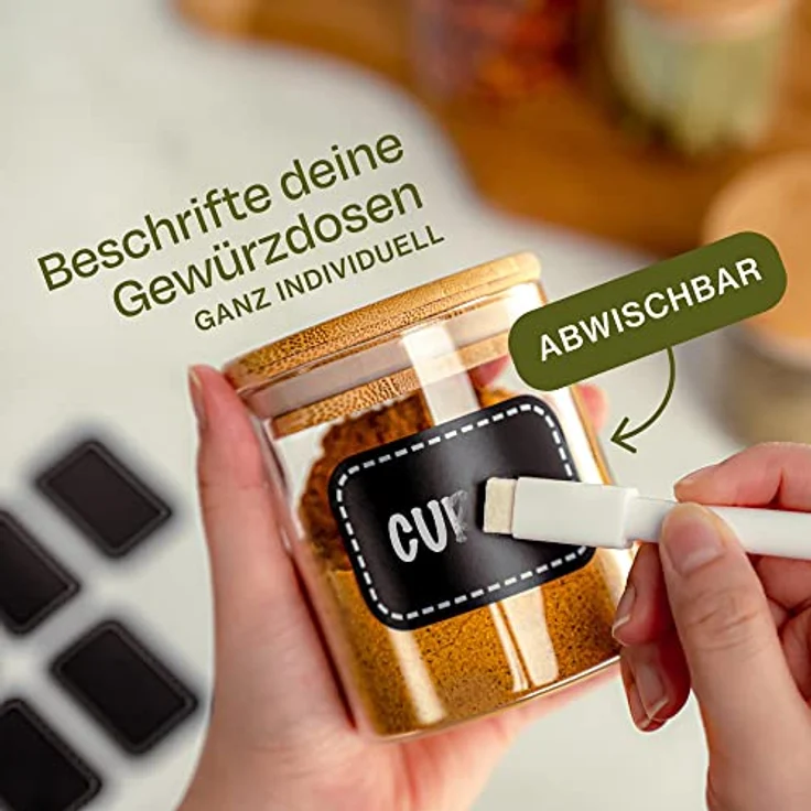 Niboline Gewürzbehälter 8er Set 250ml mit Etiketten und Stift - Luftdicht - Spülmaschinenfest - Transparent - Gewürzgläser für Gewürze und Kräuter – Bild 5