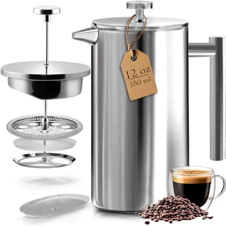 KICHLY Französische Presse Kaffeebereiter 12 Oz - 350 ml (2 Tassen) - Edelstahlfilter, isolierte Wände, Silber – Bild 1