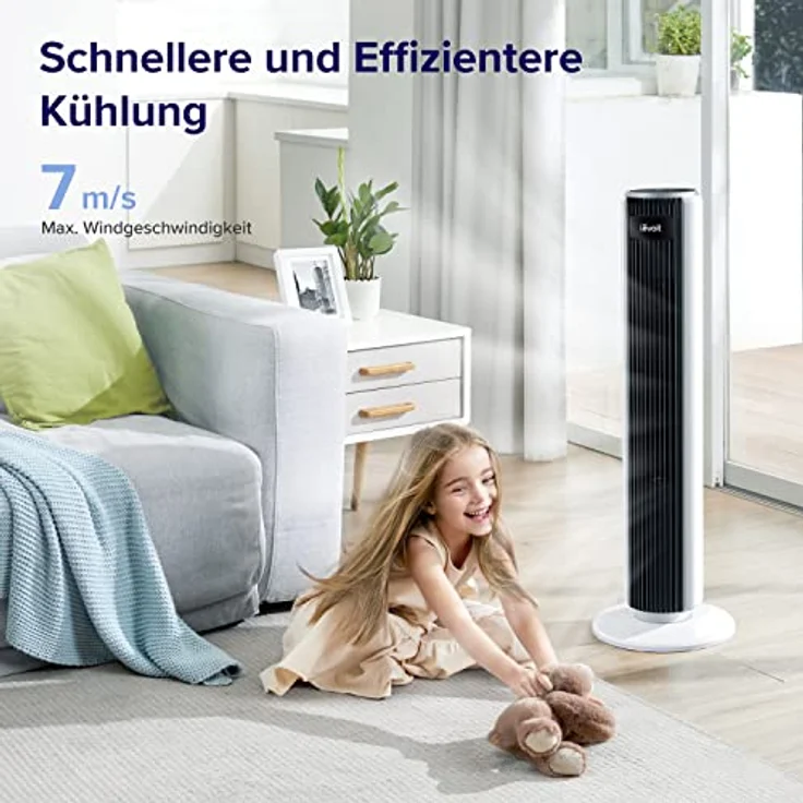 LEVOIT 28dB leiser Turmventilator mit Fortschrittlichem Schlafmodus,7m/s Ventilator mit Fernbedienung,90° Oszillation Tower Fan,4 Modi 5 Geschwindigkeiten,12-Std-Timer,Weiß – Bild 1