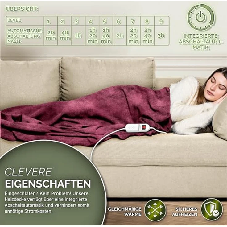 sinnlein Heizdecke aus Plüsch 200 x 180 cm weinrot elektrische Wärmedecke mit Abschaltautomatik und Timer 9 Temperaturstufen waschbar – Bild 6