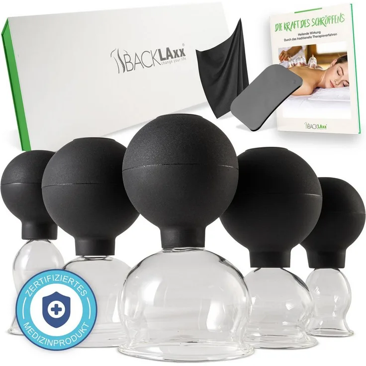 BACKLAxx® Massagegerät Schröpfgläser, 5-teilig 7-tlg., 5x Glocken, 1x Faszienschaber, 1x Mikrofasertuch, medizinisches Glas