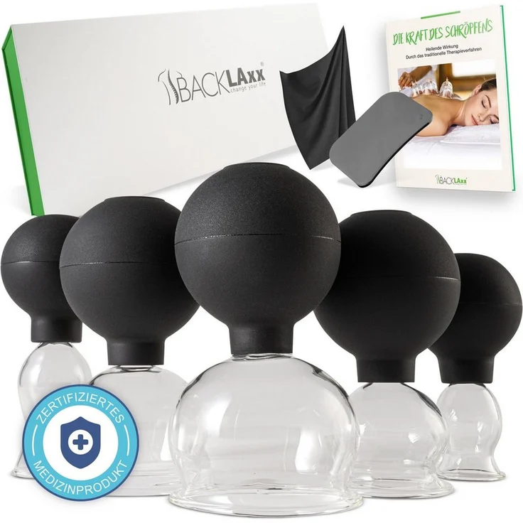 BACKLAxx® Massagegerät Schröpfgläser, 5-teilig 7-tlg., 5x Glocken, 1x Faszienschaber, 1x Mikrofasertuch, medizinisches Glas – Bild 1