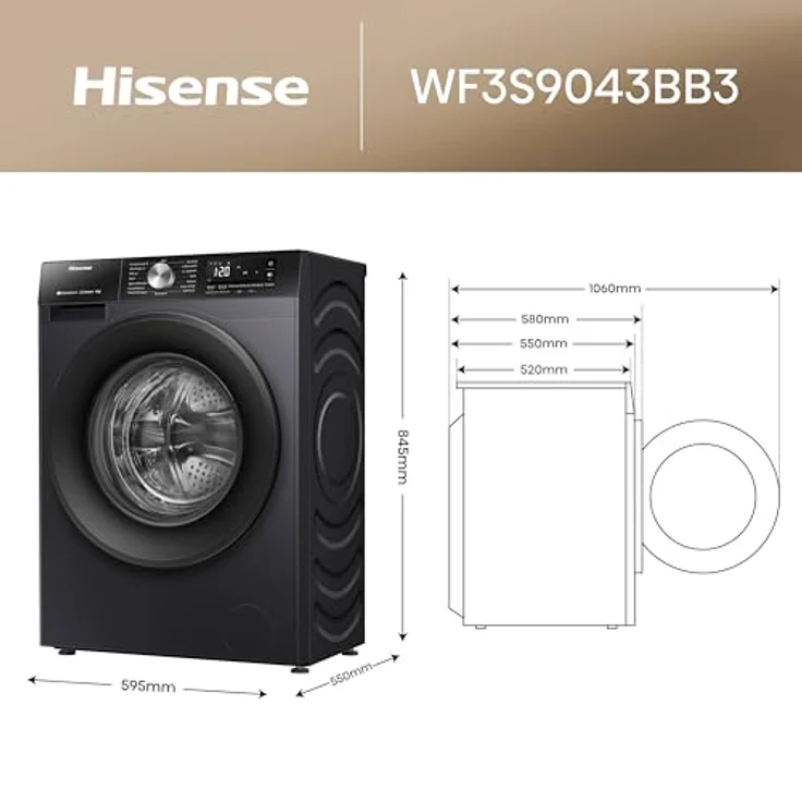 Hisense WF3S9043BB3 Waschmaschine mit Dampffunktion, 9 kg, 1400 U/min, WiFi, Power JetWash, Anti-Allergie Programm, Aqua Stop, Auto Wash, EEK A-30 Prozent, Schwarz – Bild 2