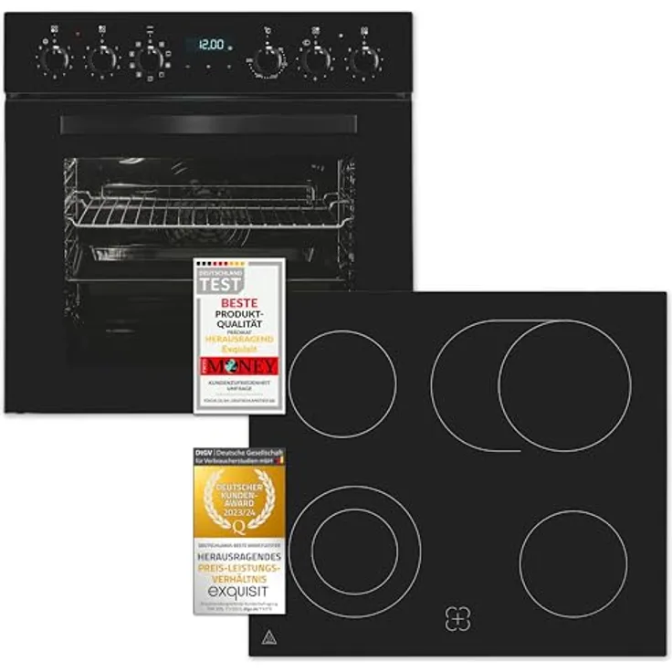 Exquisit Herd-Set EHE285-HBZ-020-Set schwarz | 75 l Garraum, Energieeffizienzklasse A, Glaskeramik Kochfeld, 4 Kochzonen, 60 cm