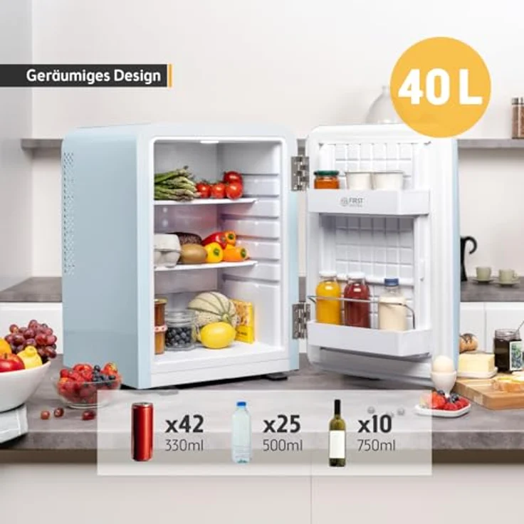 TZS First Austria Retro Mini Kühlschrank 40L, lautlos, Vintage-Design mit Innenbeleuchtung und 2 Türfächern, hellblau – Bild 5