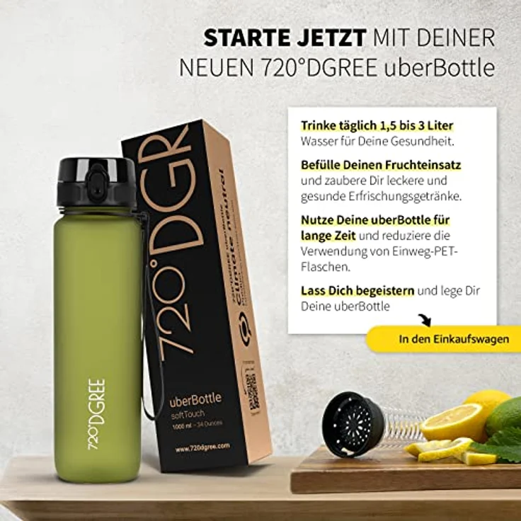 720°DGREE Trinkflasche uberBottle, Trinkflasche, Wasserflasche, 500ml, Auslaufsicher, Sportflasche, für Schule, Sport, Fahrrad, Outdoor, Wandern, mit Früchtesieb, olivgrün – Bild 6